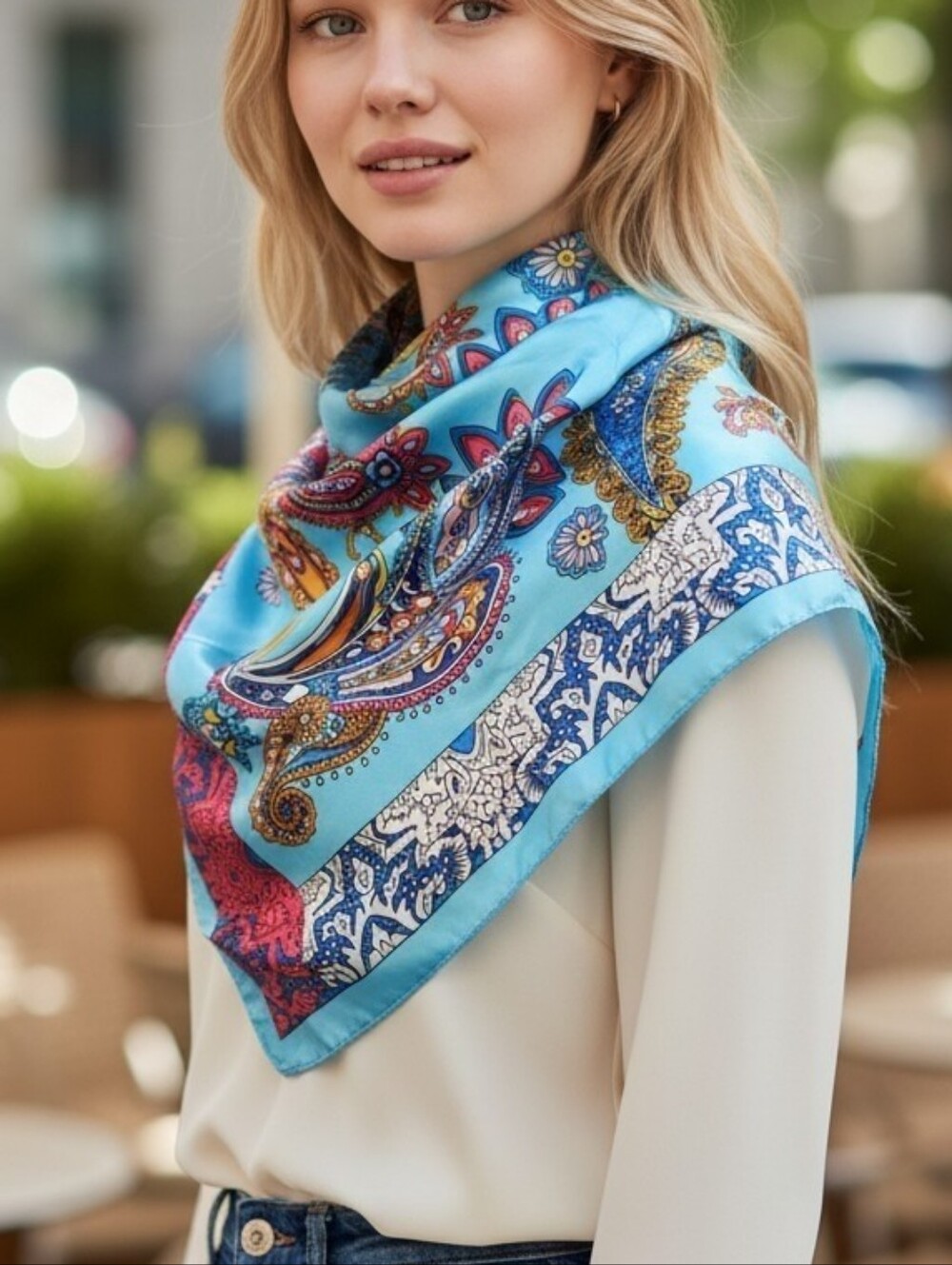 Light Blue Paisley Square Scarf - Silk-Feel Women's Wrap